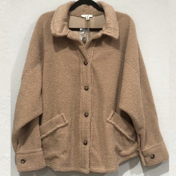 Tan Teddy Sherpa Lightweight Oversized Deep Pocket Warm Shacket Coat Jacket NWT - Picture 2 of 5